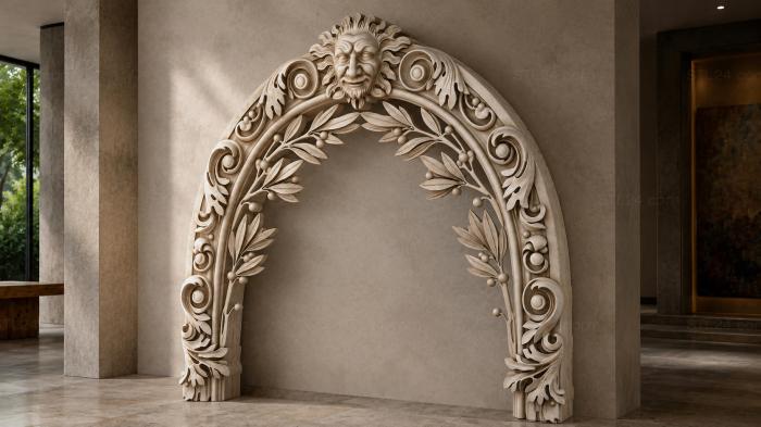 Arched door frame with lion mask and laurel branches 3d STL model