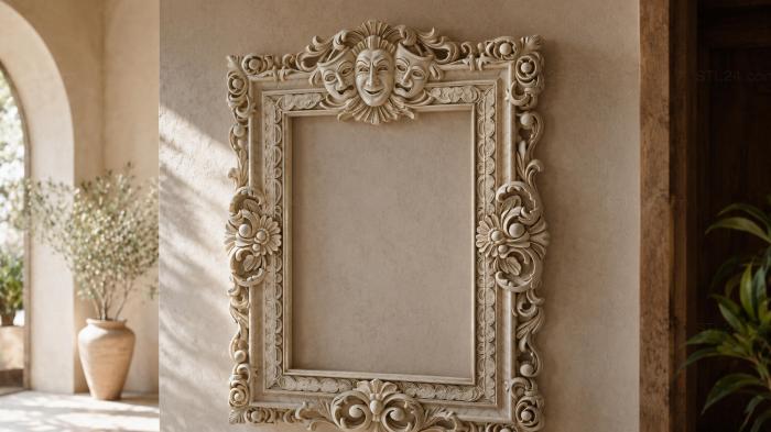 Carved frame with theater masks and ornate scrolls 3d STL model