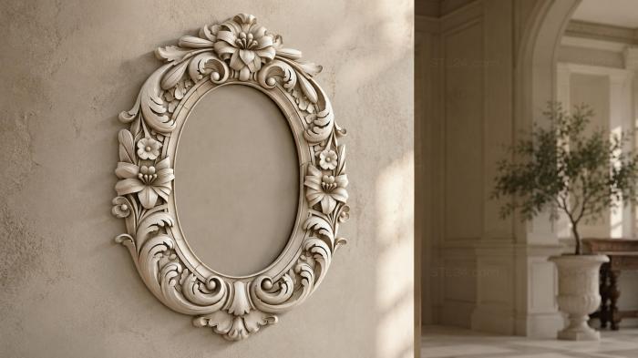 Oval mirror frame with floral cartouche and scrolls 3d STL model