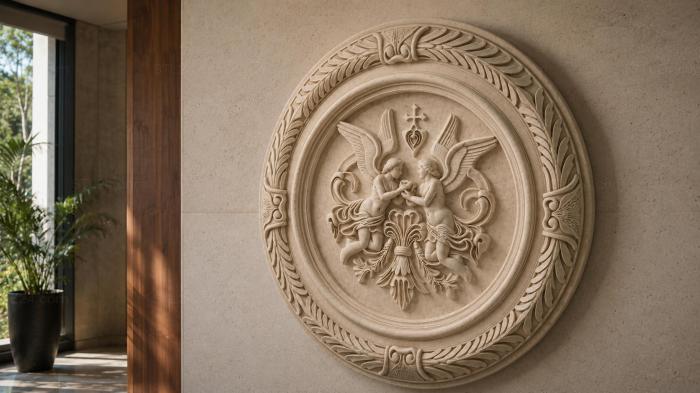 Round medallion with two angels and a cross 3d STL model