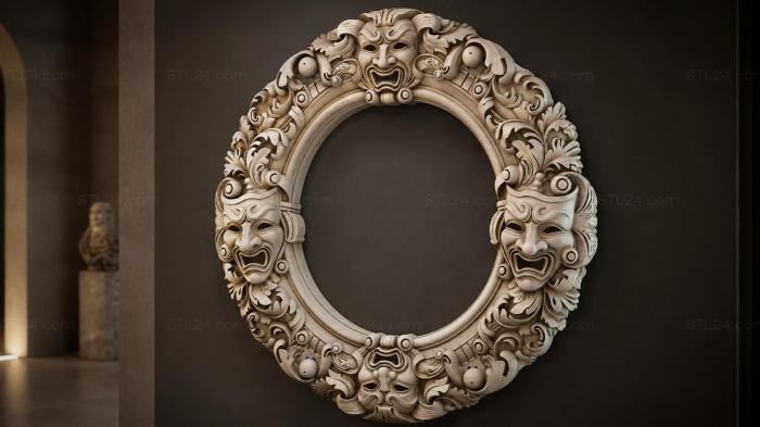 Round frame with masks and leaves for CNC 3d STL model