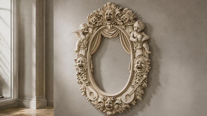Decorative frames, framing (Oval mirror with angels and theater masks, RMI_001191) 3D models for cnc