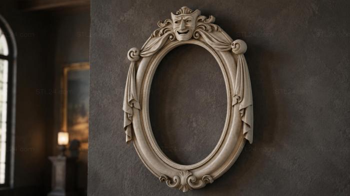 Oval mirror with a theatrical mask and volutes 3d STL model