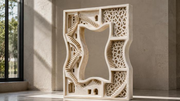 Architectural panel with stairs, perforated inserts and a wavy border 3d STL model