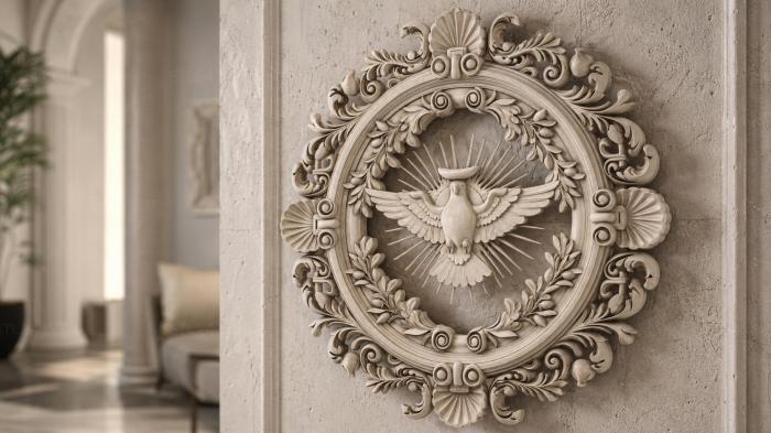 Round carved medallion with a dove and acanthus 3d STL model