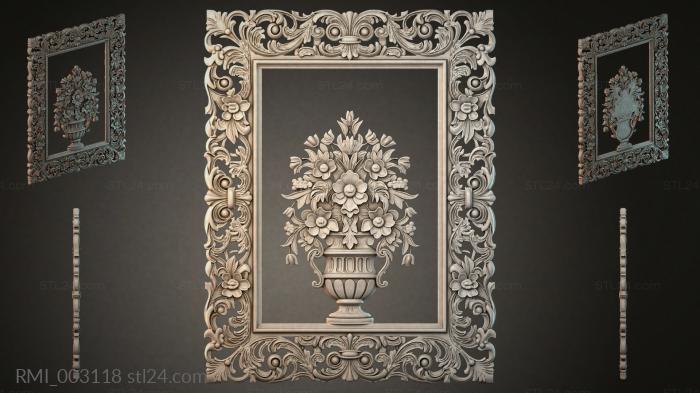 Panel with a bouquet of flowers in a vase and an ornamental frame 3d STL model