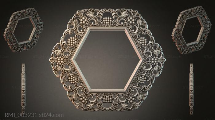 Hexagonal mirror frame with swirls and grape clusters 3d STL model