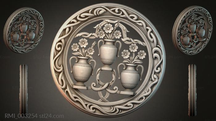 Round panel with vases and flowers in an arabesque frame 3d STL model