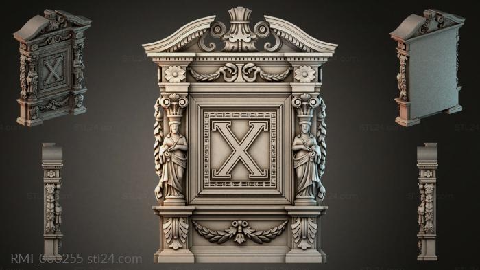 Decorative panel with the letter X, caryatids and volutes in the neoclassical style 3d STL model