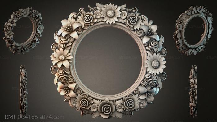Round mirror frame with voluminous flowers and swirls 3d STL model
