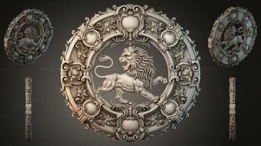 Decorative frames, framing Ornament with a lion in a round frame with scrolls and spheres 3d model