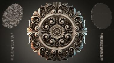 Round decor, rosettes (Round baroque rosette with acanthus scrolls and a floral medallion, RZI_000012) 3D models for cnc