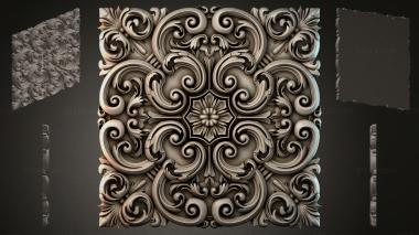 Round decor, rosettes (Baroque square ornament with spiral volutes and a central flower, RZI_000099) 3D models for cnc