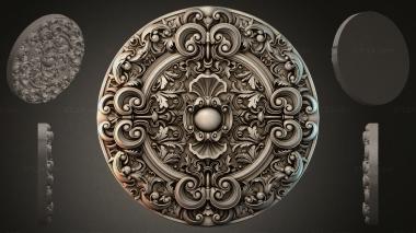 Round decor, rosettes (Round ornamental rosette with baroque scrolls and a central ball, RZI_000100) 3D models for cnc