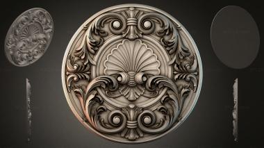 Round decor, rosettes (Round rosette with shell and spiral scrolls, RZI_000243) 3D models for cnc