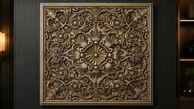 Round decor, rosettes Square panel with a central flower and spiral scrolls 3d model