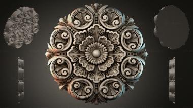 Round decor, rosettes Rosette with floral ornament and spiral volutes 3d model