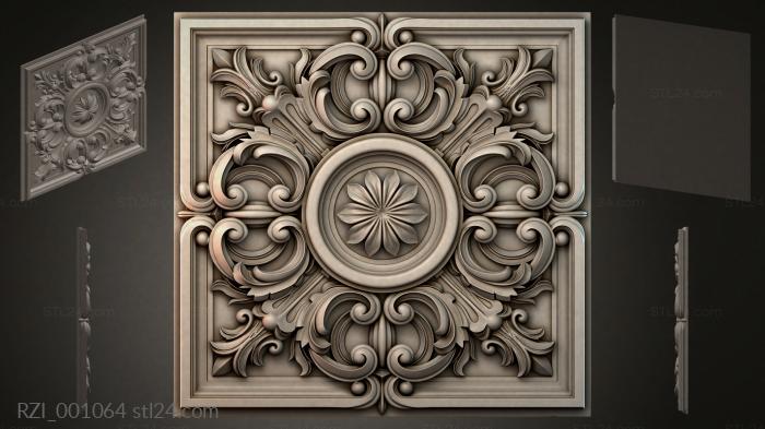 Square panel with volutes and a central rosette 3d STL model