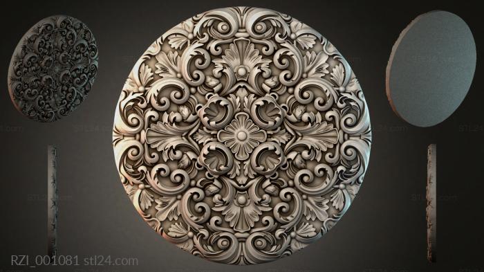 Round ceiling rose with curling swirls and floral elements 3d STL model