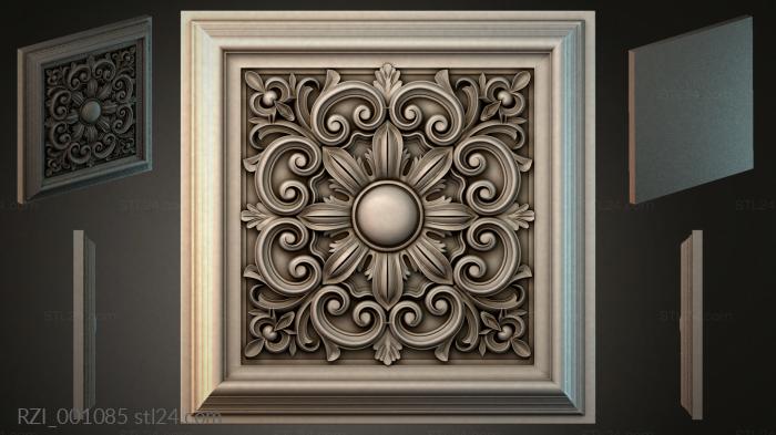 Square panel with central rosette and spiral curls 3d STL model