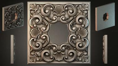 Round decor, rosettes Carved square panel with volutes and shells 3d model