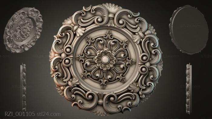 Round rosette with baroque scrolls and a central flower 3d STL model