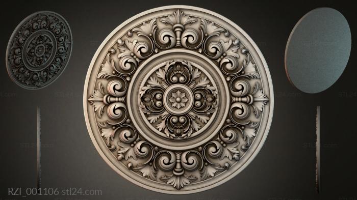 Round decor, rosettes (Round rosette with volutes and a floral medallion, RZI_001106) 3D models for cnc