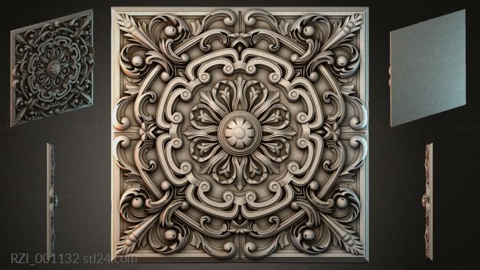 Square cassette with rosette, spiral volutes and central flower 3d STL model