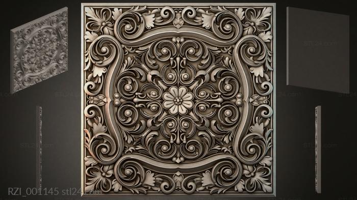 Square panel with volutes and a central flower 3d STL model