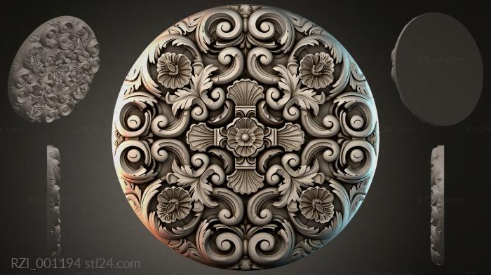 Round decor, rosettes (Round rosette with symmetrical spirals and floral motifs, RZI_001194) 3D models for cnc