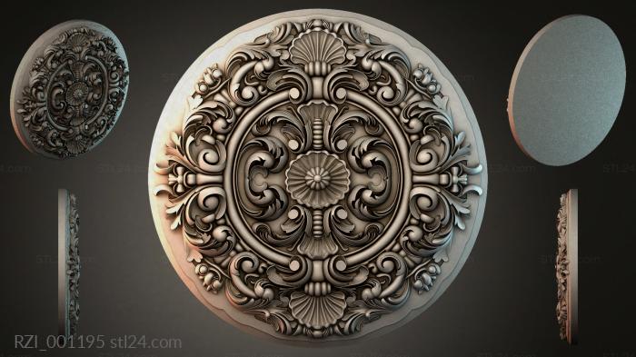 Round decor, rosettes (Round rosette with volutes and shells, RZI_001195) 3D models for cnc