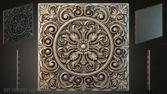 Square panel with volutes and a central flower 3d STL model