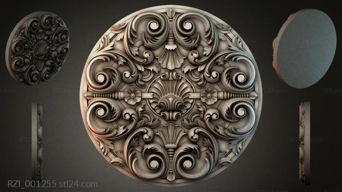 Round rosette with scrolls and shells for CNC 3d STL model
