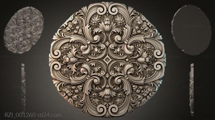 Round carved rosette with volutes and floral motifs 3d STL model