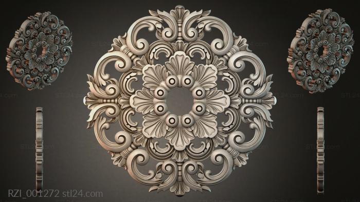 Round rosette with swirls and floral ornament for CNC 3d STL model