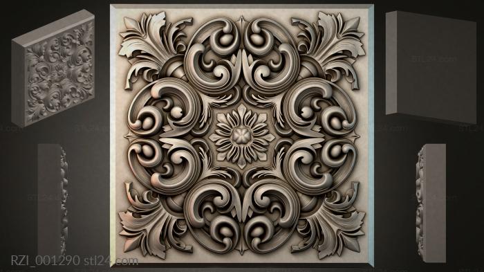 Square panel with volutes and a central flower 3d STL model