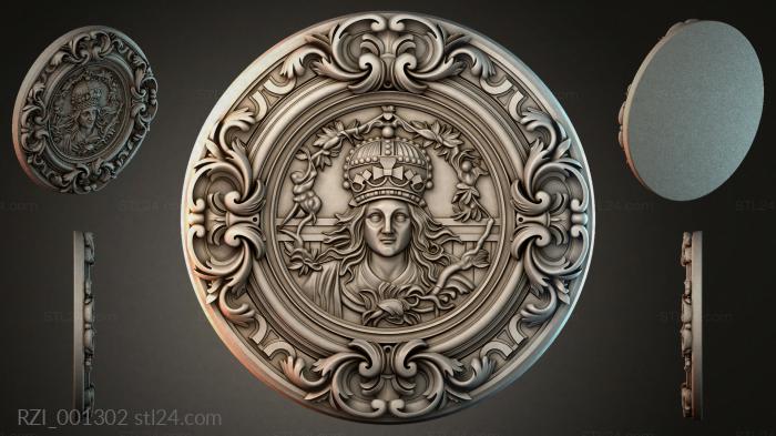 Round decor, rosettes (Medallion with a portrait of the Queen in a basket with acanthus, RZI_001302) 3D models for cnc