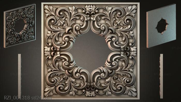 Square panel with wavy ornament and round medallion 3d STL model