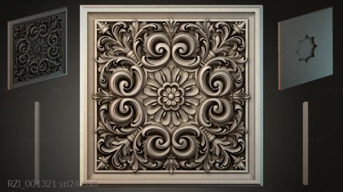 Square panel with baroque scrolls and a central flower 3d STL model
