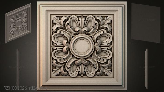 Square panel with a central rosette and sculpted scrolls 3d STL model
