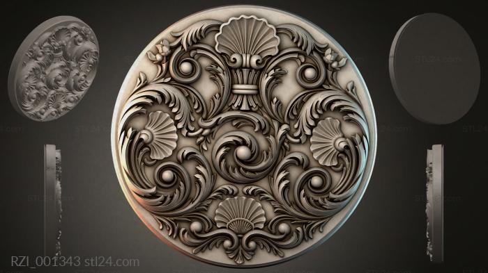 Round decor, rosettes (Round rosette with volutes and shells, RZI_001343) 3D models for cnc