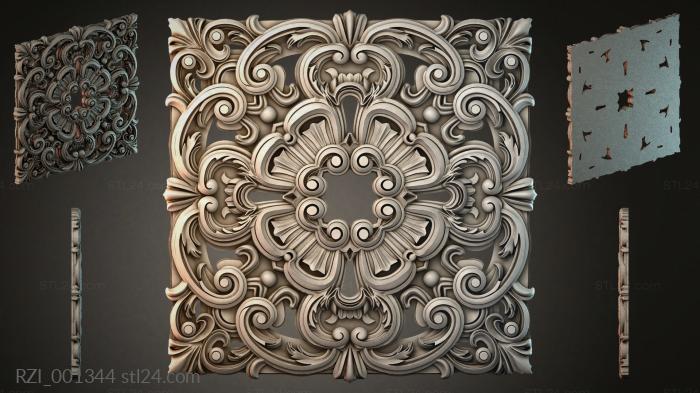 Square panel with carved floral pattern and volutes 3d STL model