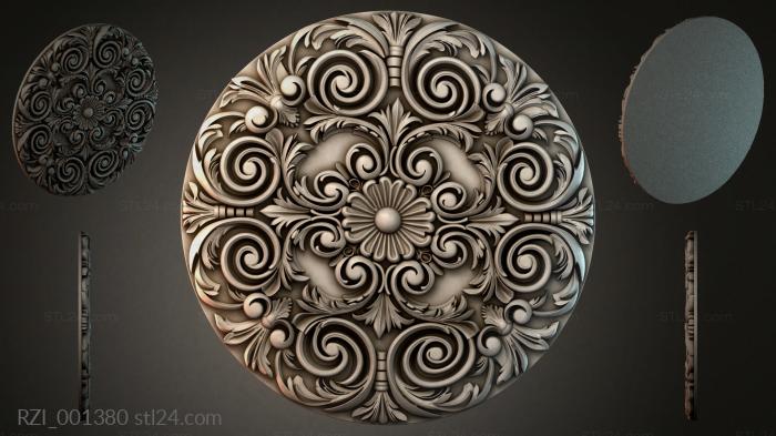 Round decor, rosettes (Round rosette with volutes and a central flower, RZI_001380) 3D models for cnc