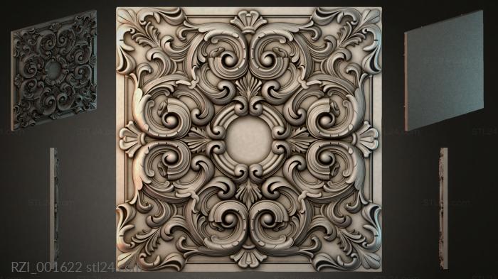 Square panel with symmetrical spiral curls and a central circle 3d STL model