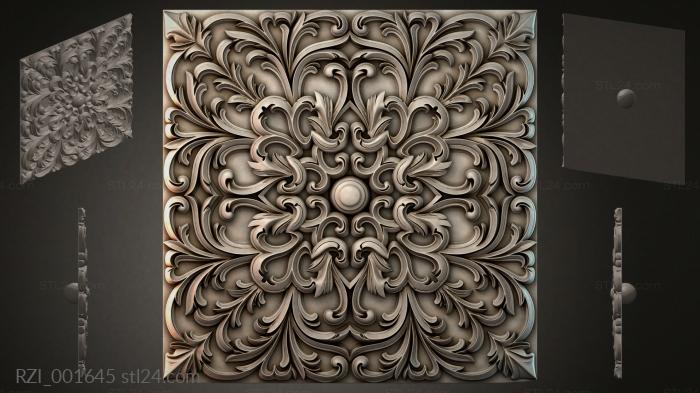 Square panel with symmetrical floral ornament and central sphere 3d STL model