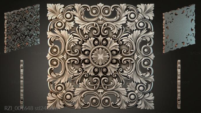 Square carved panel with scrolls and a central flower 3d STL model