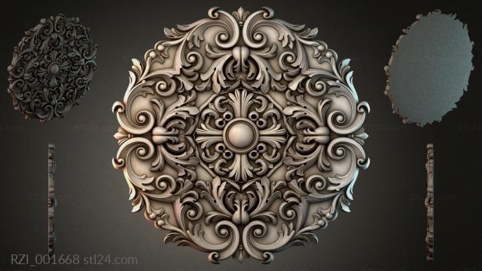 Round decor, rosettes (Bas-relief rosette with volutes and a central rosette, RZI_001668) 3D models for cnc