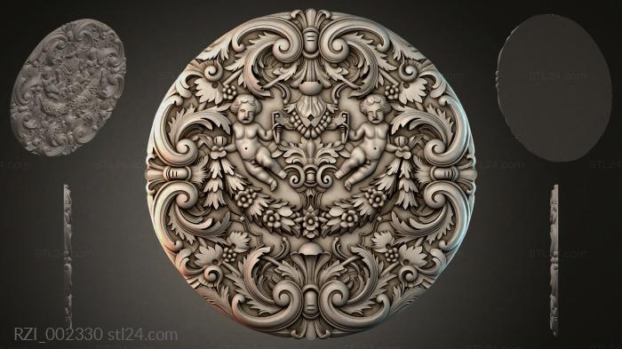 Round carved panel with putti and acanthus 3d STL model