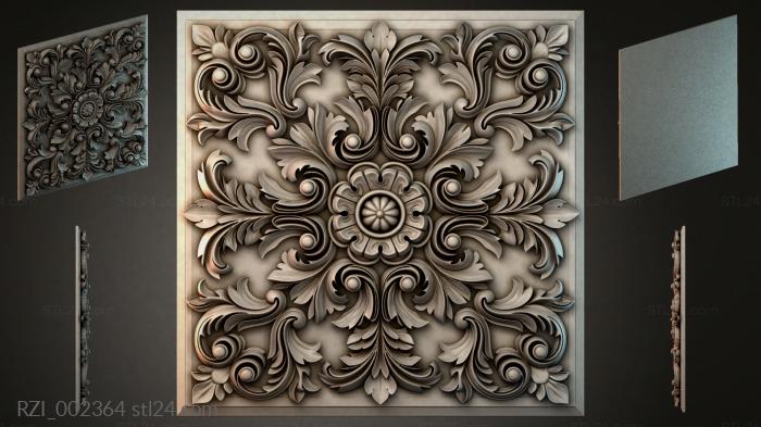 Round decor, rosettes (Square panel with swirls and a central rosette, RZI_002364) 3D models for cnc