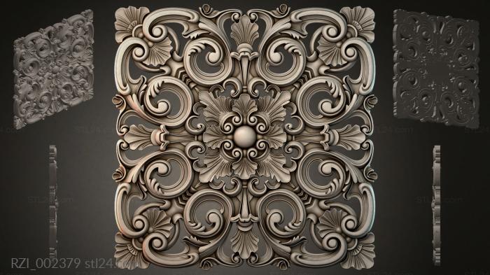 Square carved panel with scrolls and shells 3d STL model